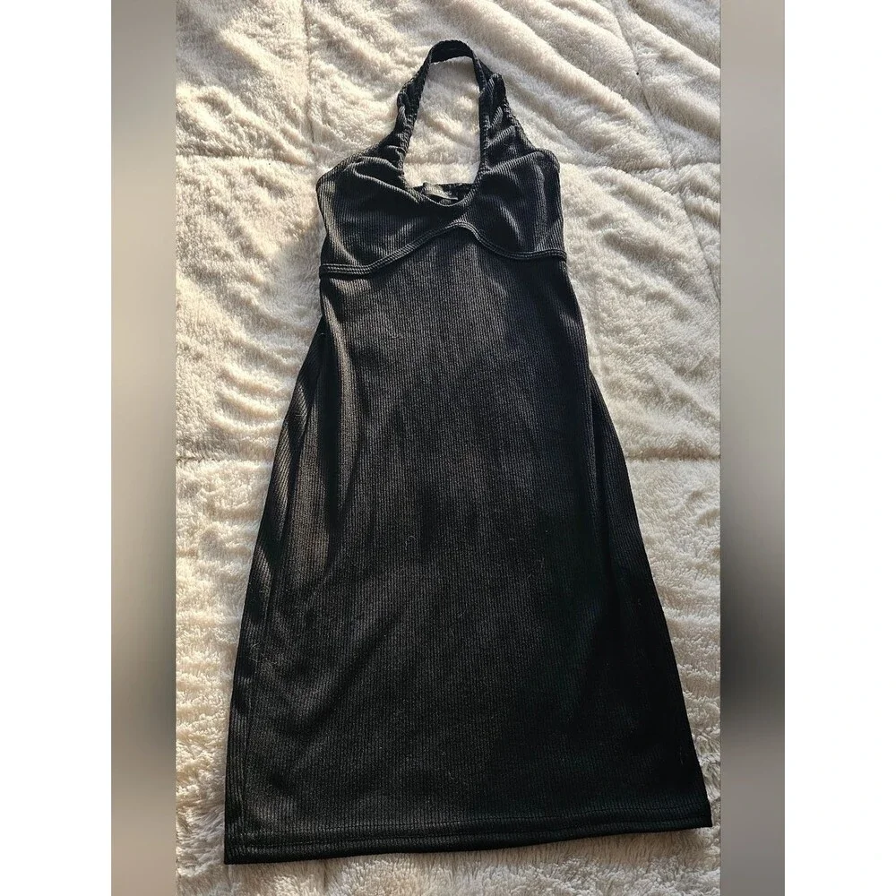 Black Halter Ribbed Midi Dress - Women Size XS